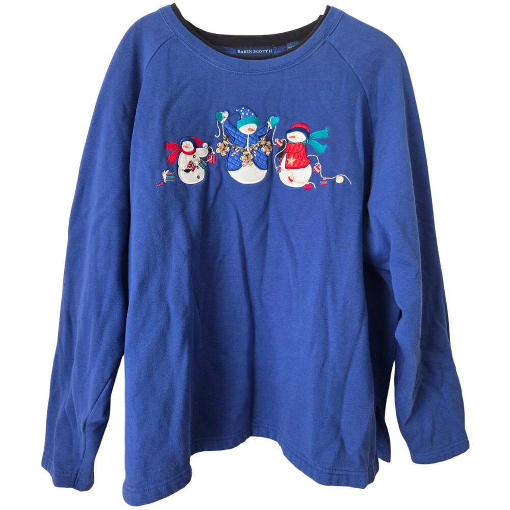 Vintage 90s Y2K Karen Scott Blue Christmas Sweater Sweatshirt Snowman Plus 1X